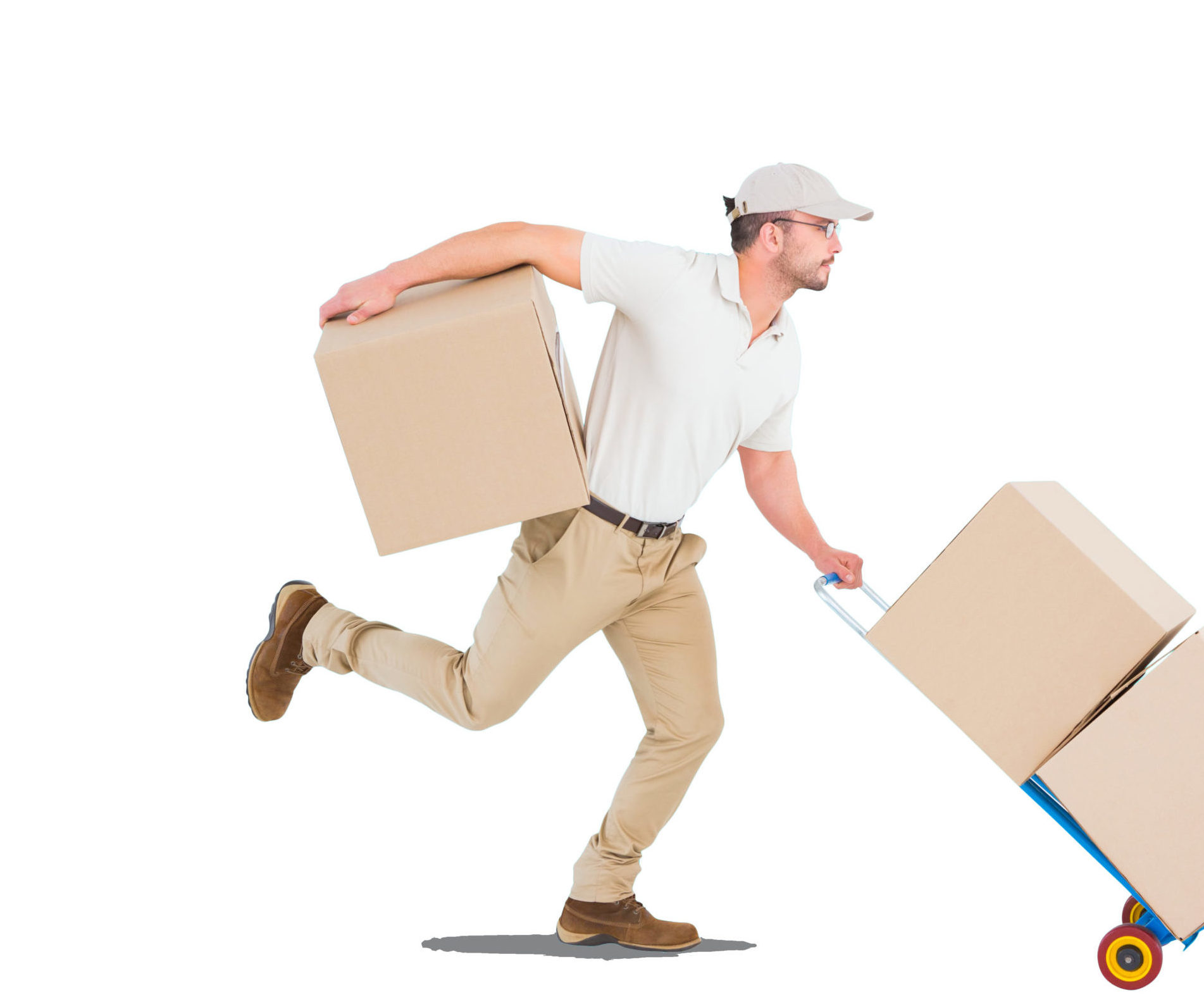 Delivery man in rush to deliver parcels in trolley
